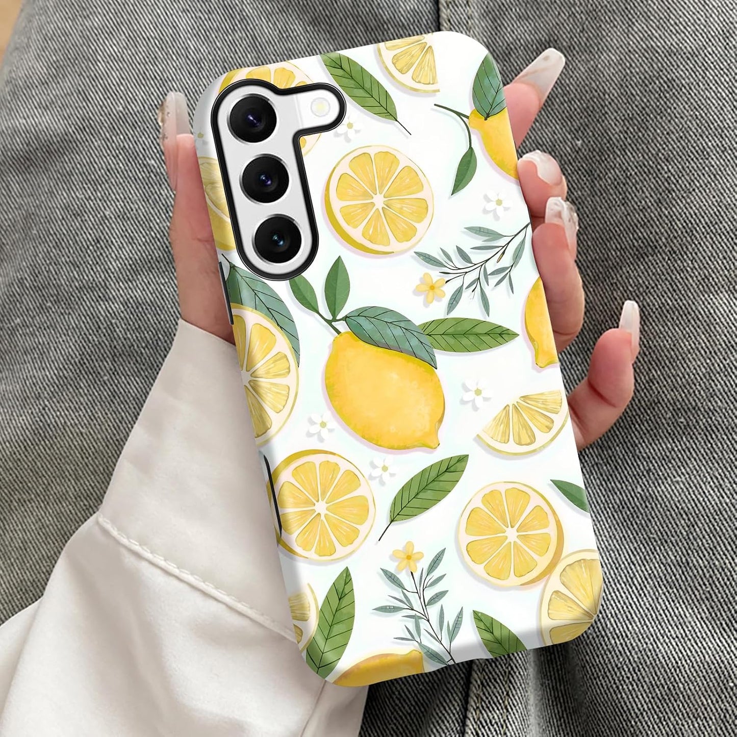 for Samsung Galaxy S22 Case 6.1 inch Lemon Floral & White Pattern, 2 in 1 Sublimation Film Case, Fresh & Vibrant & Rustic Style, Fruit Fans, Summer Gift