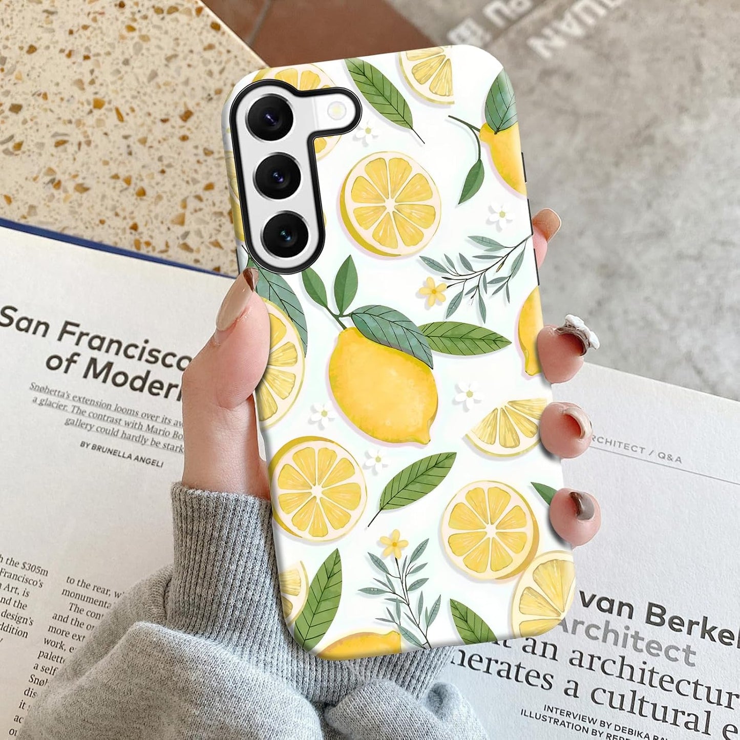 for Samsung Galaxy S22 Case 6.1 inch Lemon Floral & White Pattern, 2 in 1 Sublimation Film Case, Fresh & Vibrant & Rustic Style, Fruit Fans, Summer Gift