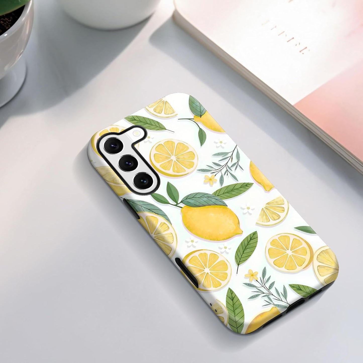 for Samsung Galaxy S22 Case 6.1 inch Lemon Floral & White Pattern, 2 in 1 Sublimation Film Case, Fresh & Vibrant & Rustic Style, Fruit Fans, Summer Gift