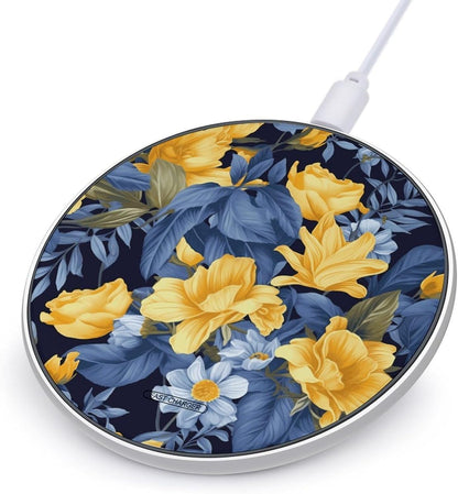 Blue Base Yellow Floral Wireless Charger Qi-Certified Fast Wireless Charging Pad with USB Cable Portable Charging Station Slim Charger Mat for Most Wireless Charging Smartphones
