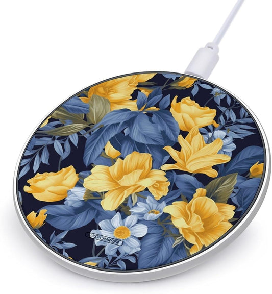Blue Base Yellow Floral Wireless Charger Qi-Certified Fast Wireless Charging Pad with USB Cable Portable Charging Station Slim Charger Mat for Most Wireless Charging Smartphones
