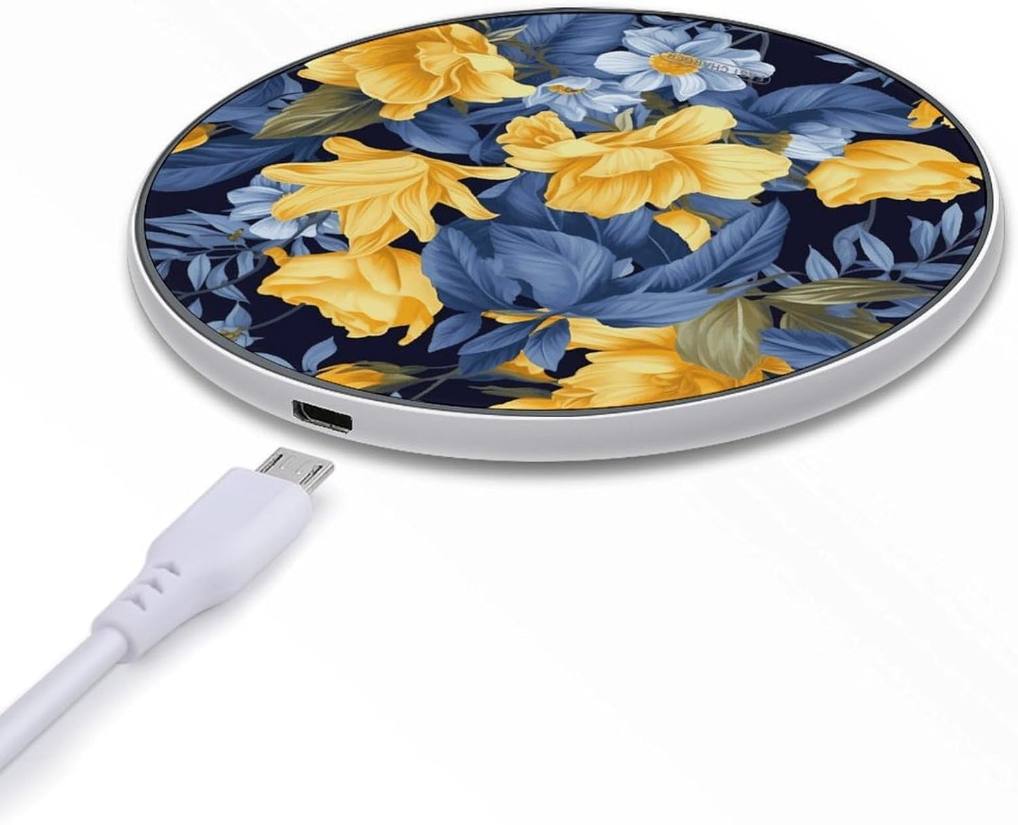 Blue Base Yellow Floral Wireless Charger Qi-Certified Fast Wireless Charging Pad with USB Cable Portable Charging Station Slim Charger Mat for Most Wireless Charging Smartphones