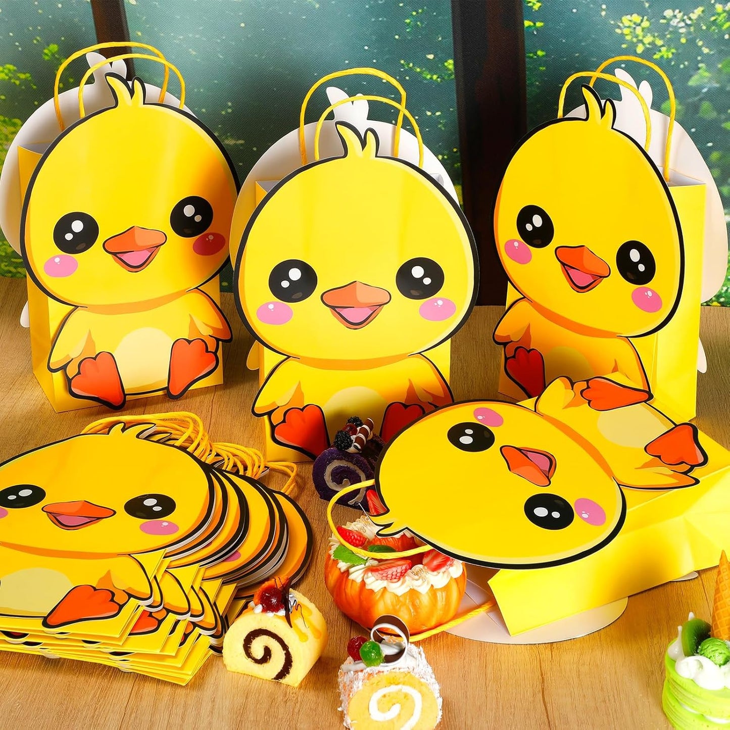 24 Pack Duck Party Favor Bags - Yellow Duck Shaped Reusable Gift Bags for Birthdays, Summer Picnic Themed Party Supplies Decorations
