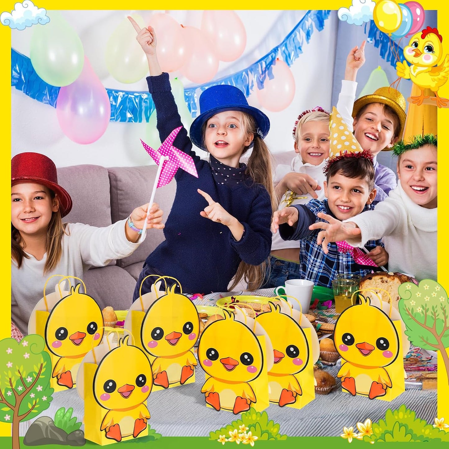 24 Pack Duck Party Favor Bags - Yellow Duck Shaped Reusable Gift Bags for Birthdays, Summer Picnic Themed Party Supplies Decorations