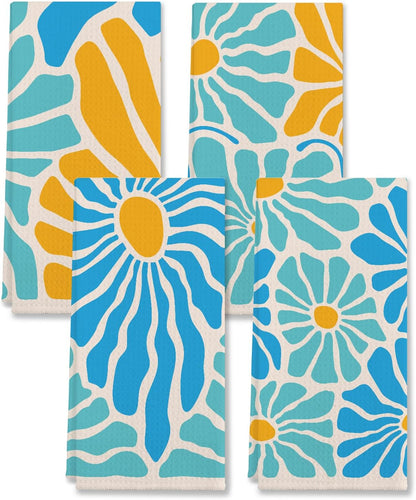 Retro 60s Groovy Hippie Light Blue and Yellow Flower Matisse Floral Kitchen Towels & Tea Towels,Dish Cloth Flour Sack Hand Towel for Farmhouse Kitchen Decor,24x16 Inches Cotton Dish Towels Dishcloths