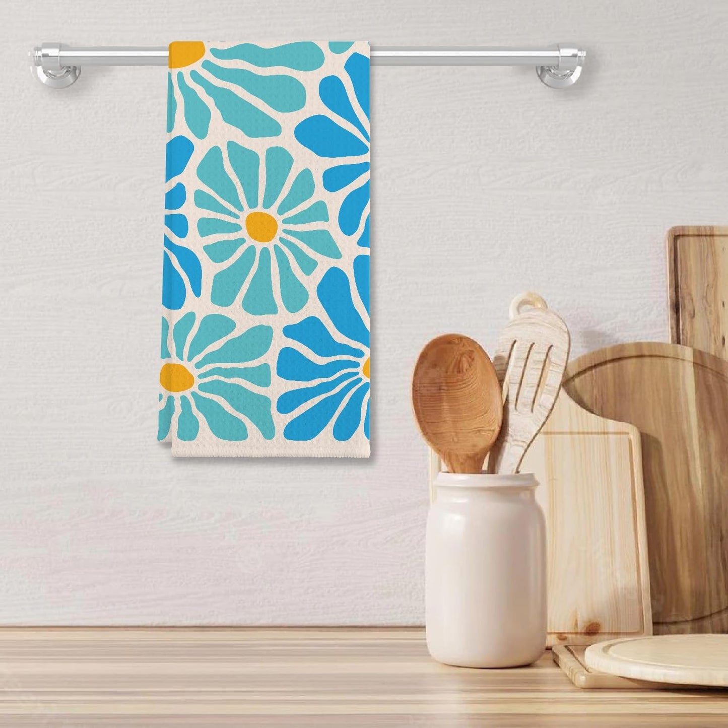 Retro 60s Groovy Hippie Light Blue and Yellow Flower Matisse Floral Kitchen Towels & Tea Towels,Dish Cloth Flour Sack Hand Towel for Farmhouse Kitchen Decor,24x16 Inches Cotton Dish Towels Dishcloths