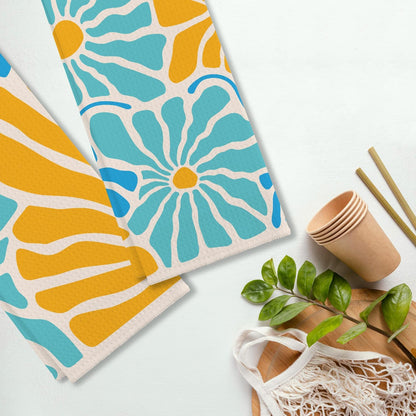 Retro 60s Groovy Hippie Light Blue and Yellow Flower Matisse Floral Kitchen Towels & Tea Towels,Dish Cloth Flour Sack Hand Towel for Farmhouse Kitchen Decor,24x16 Inches Cotton Dish Towels Dishcloths