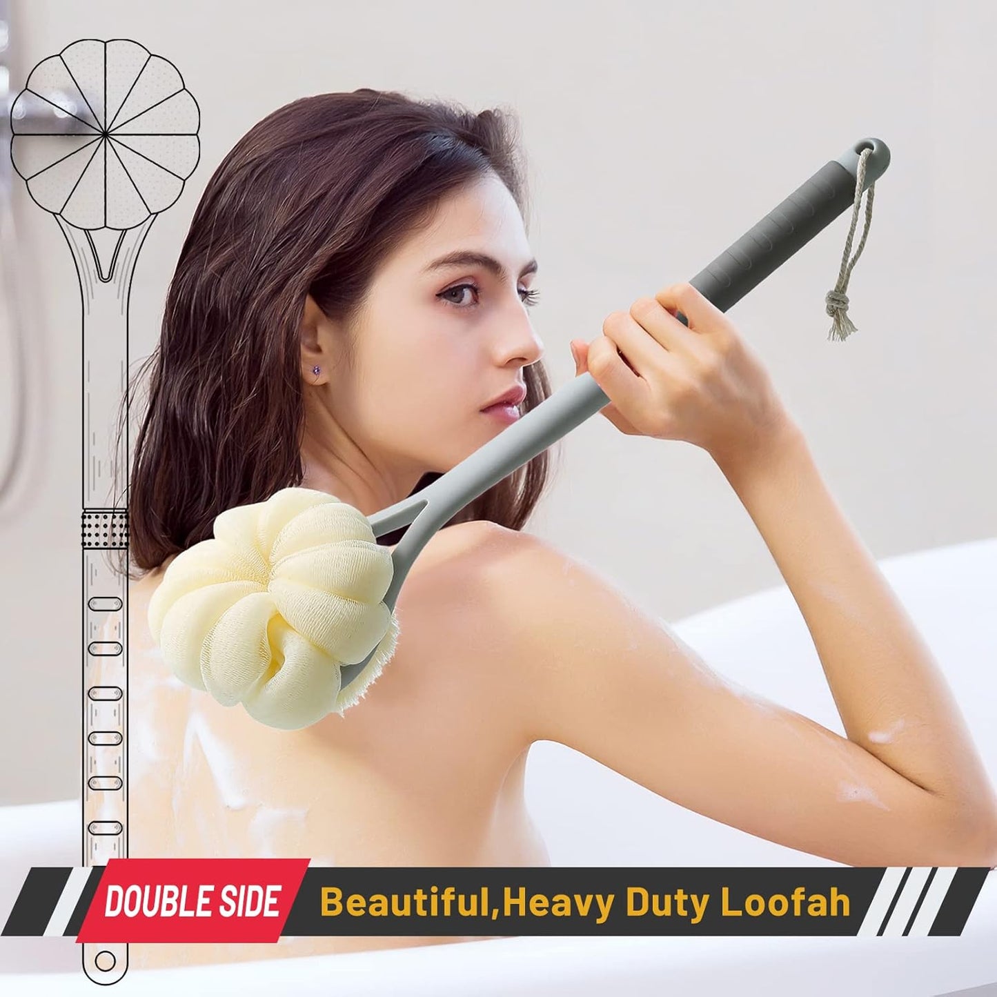 Shower Body Brush,Soft Bristles & Loofah Back Scrubber Bath Mesh Sponge | Beautiful Pumpkin Shape Loofah Long Handle Shower Brush for Skin Exfoliating,Massage Bristles for Wet,Dry,Men & Women(Yellow)