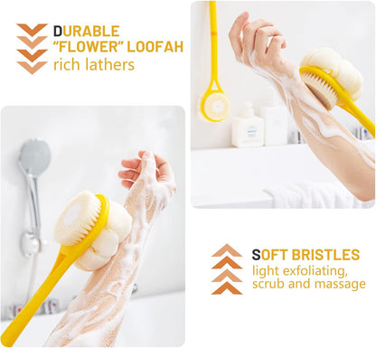 Shower Body Brush,Soft Bristles & Loofah Back Scrubber Bath Mesh Sponge | Beautiful Pumpkin Shape Loofah Long Handle Shower Brush for Skin Exfoliating,Massage Bristles for Wet,Dry,Men & Women(Yellow)