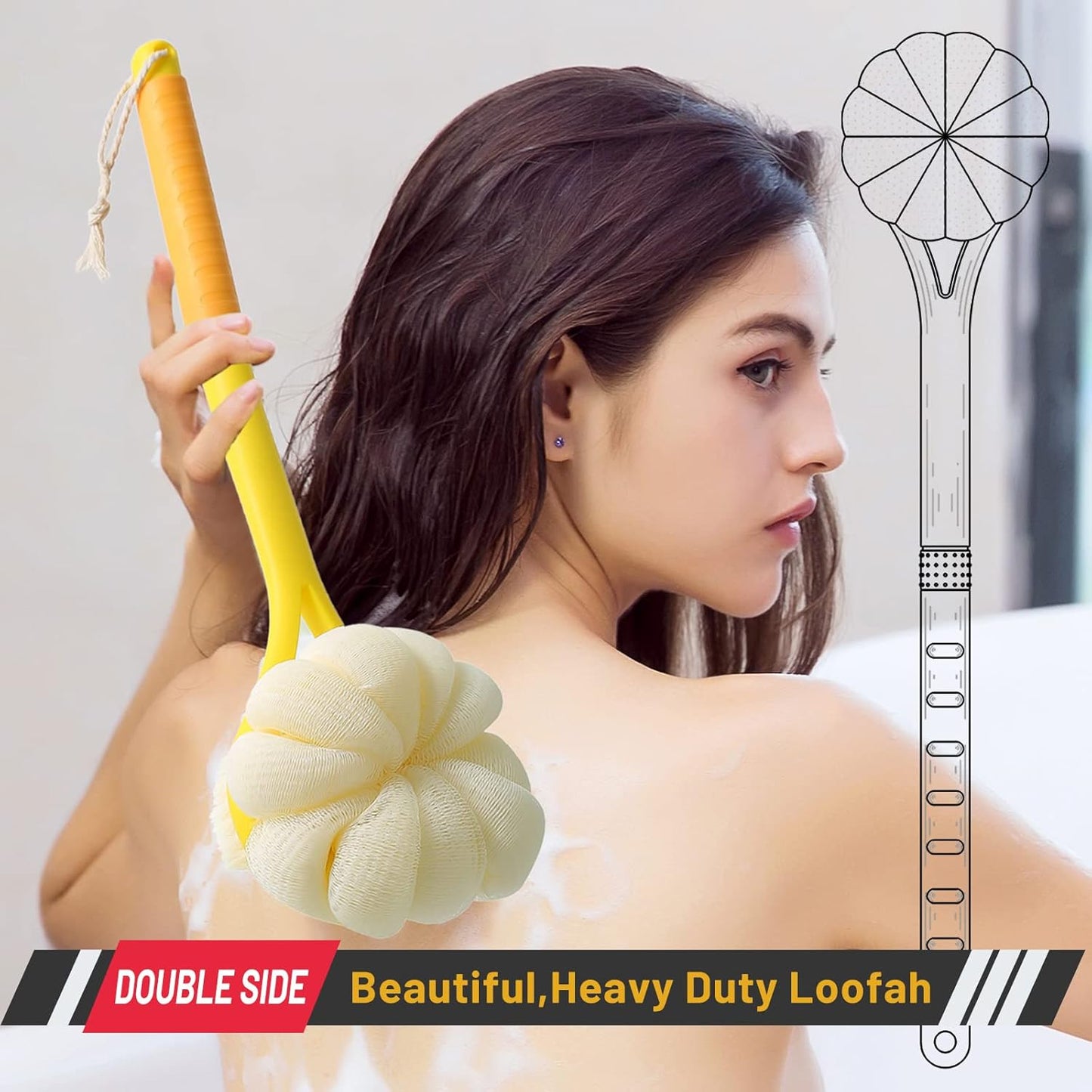 Shower Body Brush,Soft Bristles & Loofah Back Scrubber Bath Mesh Sponge | Beautiful Pumpkin Shape Loofah Long Handle Shower Brush for Skin Exfoliating,Massage Bristles for Wet,Dry,Men & Women(Yellow)