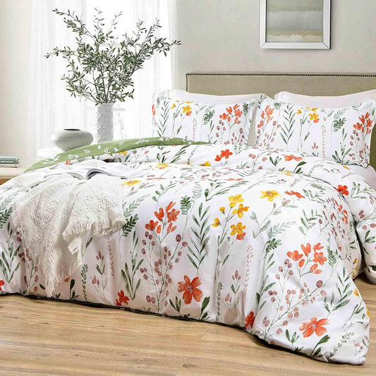 Floral Duvet Cover Queen Size, 3 Pieces Green Leaves Yellow Flowers Botanical Pattern Comforter Cover Set, Soft & Lightweight Microfiber Reversible Quilt Cover for Women 90x90 Inches, White