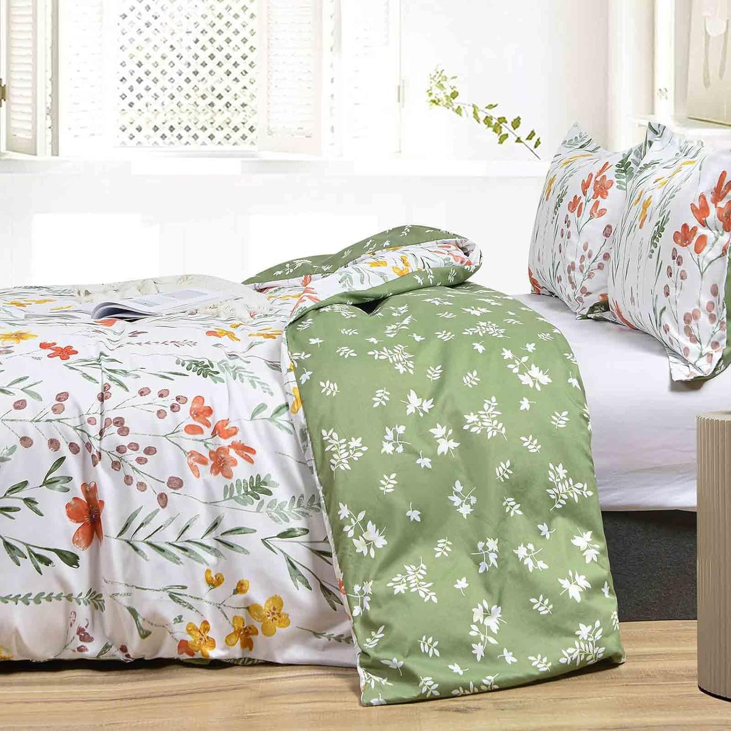 Floral Duvet Cover Queen Size, 3 Pieces Green Leaves Yellow Flowers Botanical Pattern Comforter Cover Set, Soft & Lightweight Microfiber Reversible Quilt Cover for Women 90x90 Inches, White