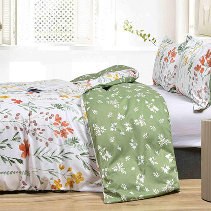 Floral Duvet Cover Queen Size, 3 Pieces Green Leaves Yellow Flowers Botanical Pattern Comforter Cover Set, Soft & Lightweight Microfiber Reversible Quilt Cover for Women 90x90 Inches, White