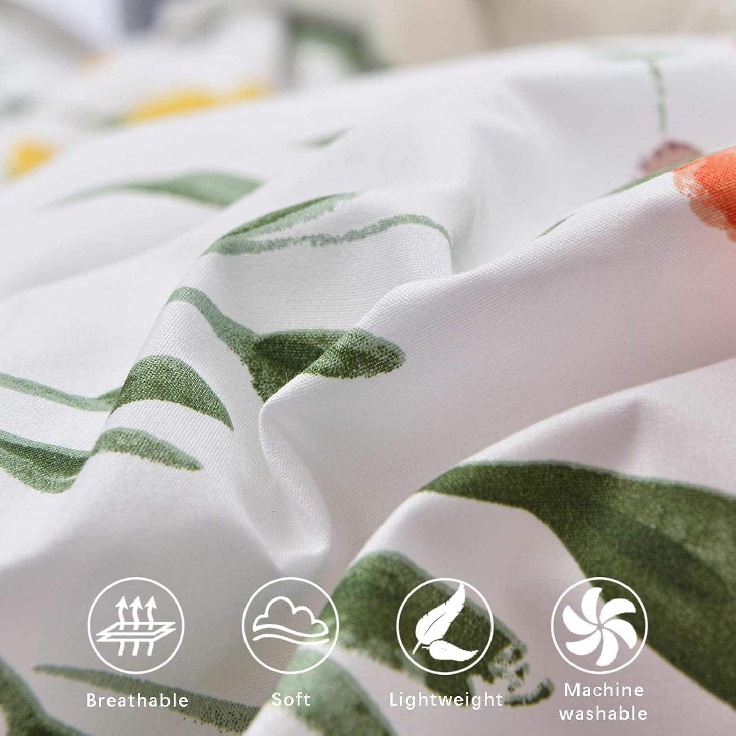Floral Duvet Cover Queen Size, 3 Pieces Green Leaves Yellow Flowers Botanical Pattern Comforter Cover Set, Soft & Lightweight Microfiber Reversible Quilt Cover for Women 90x90 Inches, White