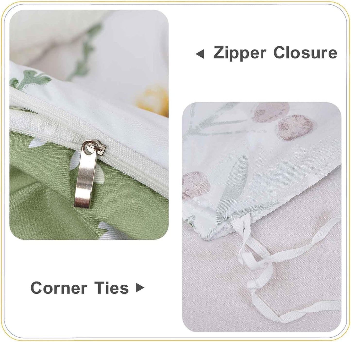 Floral Duvet Cover Queen Size, 3 Pieces Green Leaves Yellow Flowers Botanical Pattern Comforter Cover Set, Soft & Lightweight Microfiber Reversible Quilt Cover for Women 90x90 Inches, White
