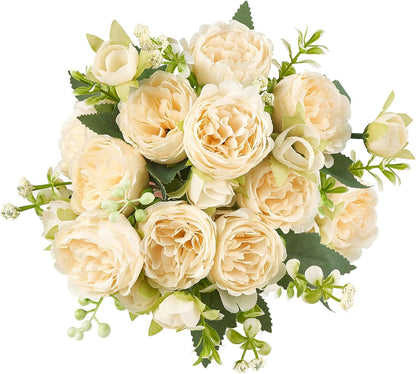 Peonies Artificial Flowers Silk Champagne Fake Flowers Bouquet 2 Pack | Look Real Petals, Bendable Stems, No Wilting, Zero Upkeep, for Dining Table Centerpieces, Kitchen, Party, Indoor Home Decor