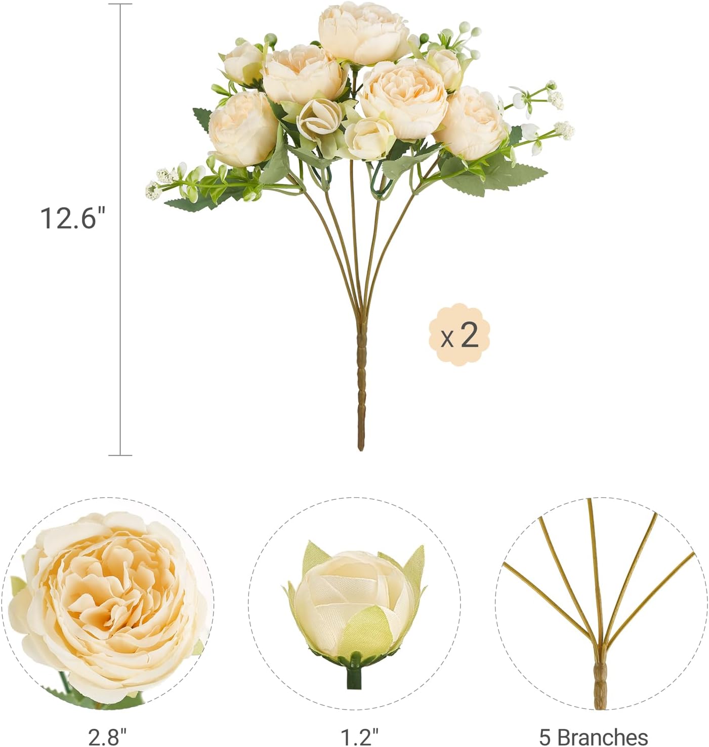 Peonies Artificial Flowers Silk Champagne Fake Flowers Bouquet 2 Pack | Look Real Petals, Bendable Stems, No Wilting, Zero Upkeep, for Dining Table Centerpieces, Kitchen, Party, Indoor Home Decor