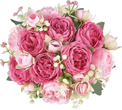 Peonies Artificial Flowers Silk Champagne Fake Flowers Bouquet 2 Pack | Look Real Petals, Bendable Stems, No Wilting, Zero Upkeep, for Dining Table Centerpieces, Kitchen, Party, Indoor Home Decor
