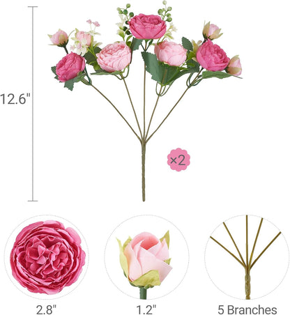 Peonies Artificial Flowers Silk Champagne Fake Flowers Bouquet 2 Pack | Look Real Petals, Bendable Stems, No Wilting, Zero Upkeep, for Dining Table Centerpieces, Kitchen, Party, Indoor Home Decor