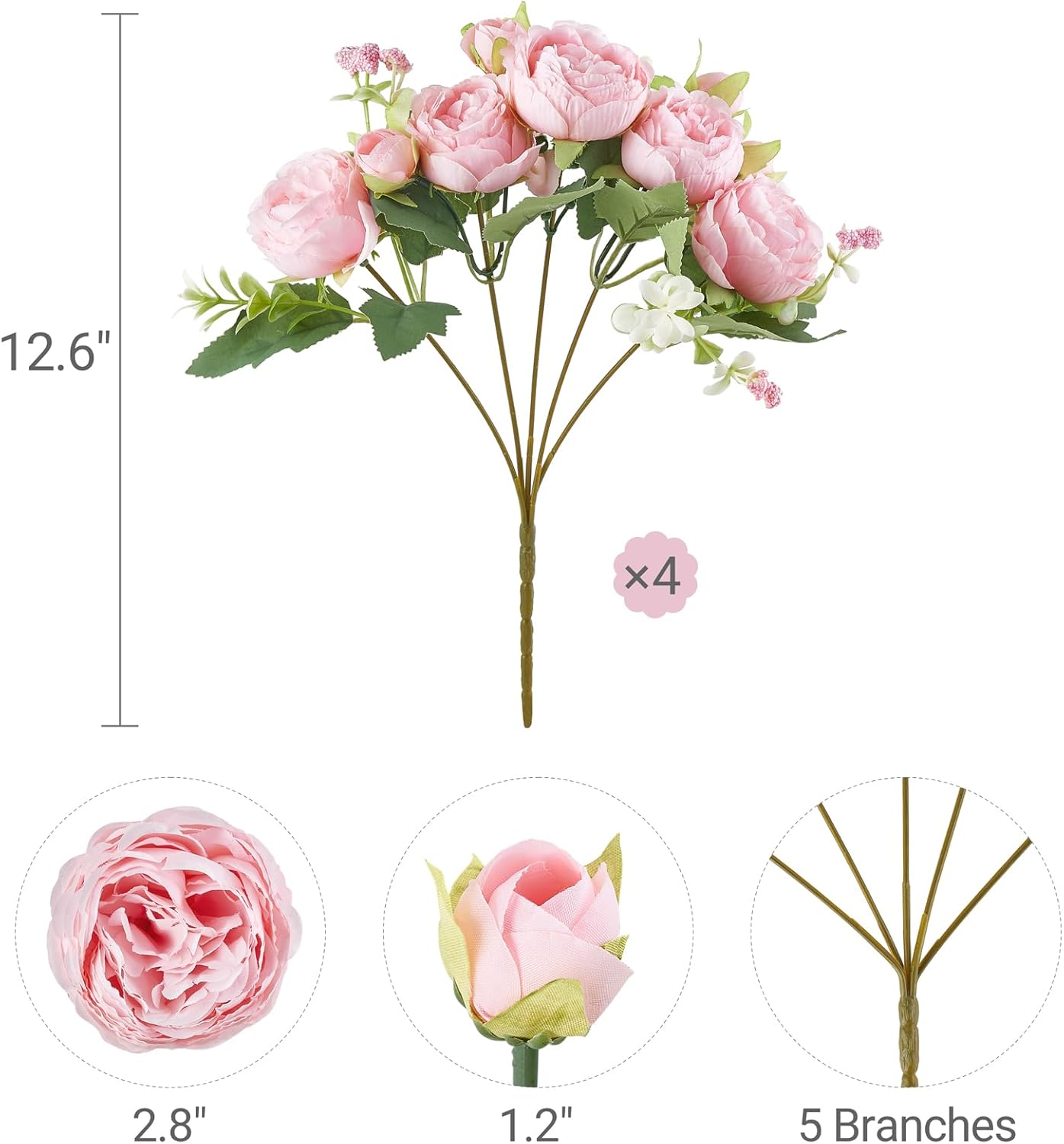 Peonies Artificial Flowers Silk Champagne Fake Flowers Bouquet 2 Pack | Look Real Petals, Bendable Stems, No Wilting, Zero Upkeep, for Dining Table Centerpieces, Kitchen, Party, Indoor Home Decor