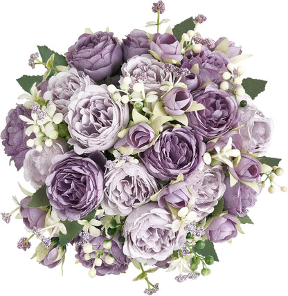 Peonies Artificial Flowers Silk Champagne Fake Flowers Bouquet 2 Pack | Look Real Petals, Bendable Stems, No Wilting, Zero Upkeep, for Dining Table Centerpieces, Kitchen, Party, Indoor Home Decor