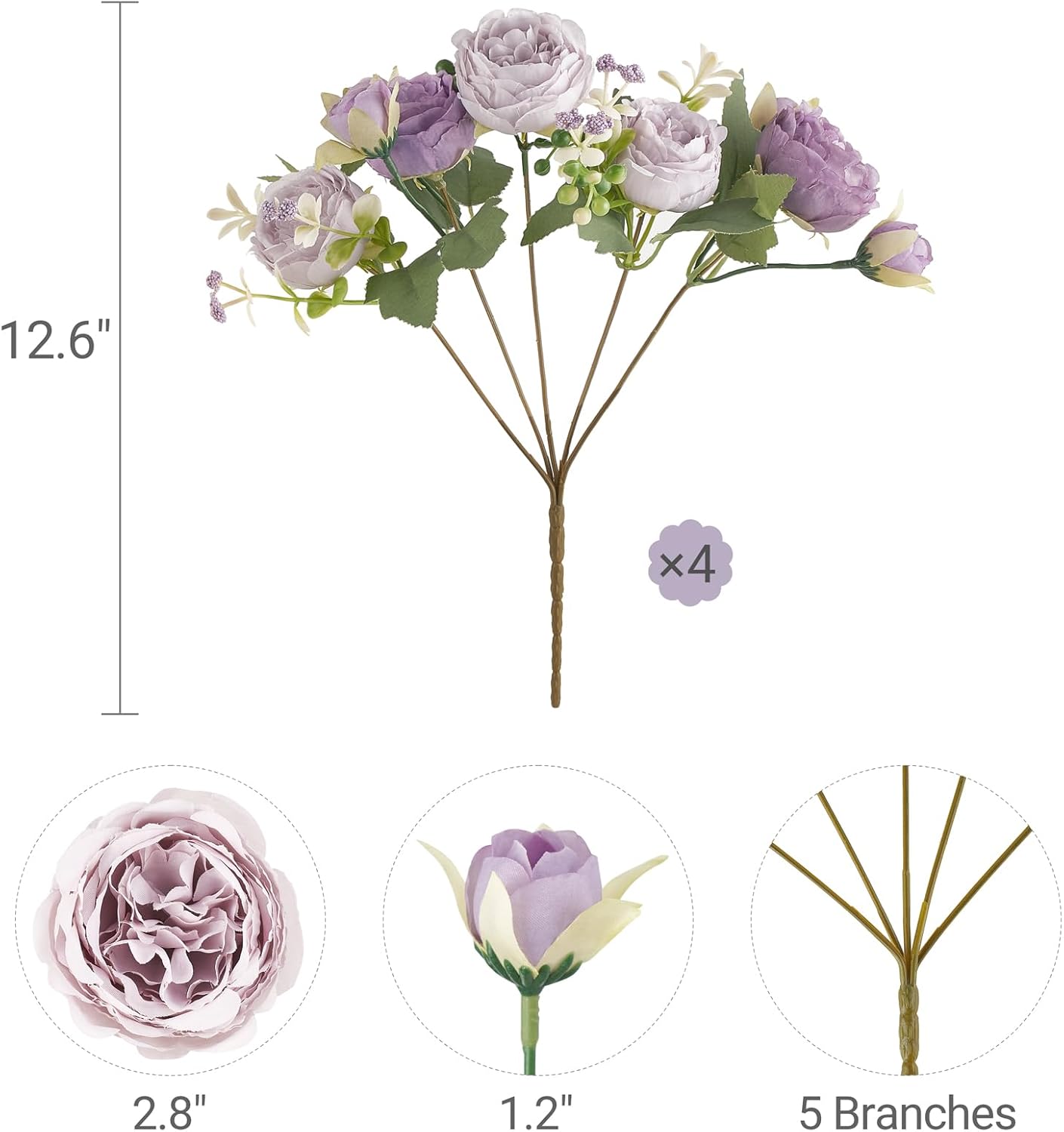 Peonies Artificial Flowers Silk Champagne Fake Flowers Bouquet 2 Pack | Look Real Petals, Bendable Stems, No Wilting, Zero Upkeep, for Dining Table Centerpieces, Kitchen, Party, Indoor Home Decor