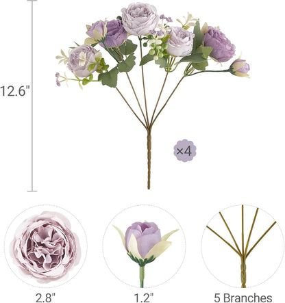 Peonies Artificial Flowers Silk Champagne Fake Flowers Bouquet 2 Pack | Look Real Petals, Bendable Stems, No Wilting, Zero Upkeep, for Dining Table Centerpieces, Kitchen, Party, Indoor Home Decor