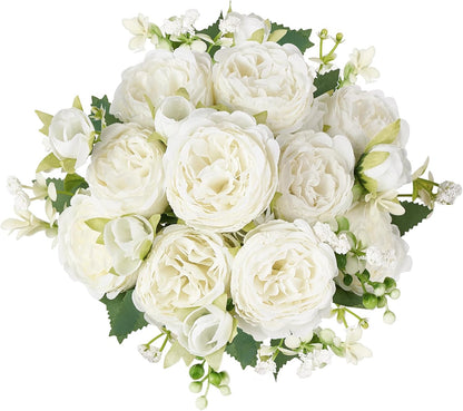 Peonies Artificial Flowers Silk Champagne Fake Flowers Bouquet 2 Pack | Look Real Petals, Bendable Stems, No Wilting, Zero Upkeep, for Dining Table Centerpieces, Kitchen, Party, Indoor Home Decor