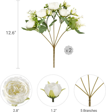 Peonies Artificial Flowers Silk Champagne Fake Flowers Bouquet 2 Pack | Look Real Petals, Bendable Stems, No Wilting, Zero Upkeep, for Dining Table Centerpieces, Kitchen, Party, Indoor Home Decor