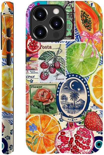 Case Compatible with iPhone 15 Pro Max,Hybrid 2-Layer Hard Shell,Shockproof Soft for Girl Women,European Lemon Stamp Collage