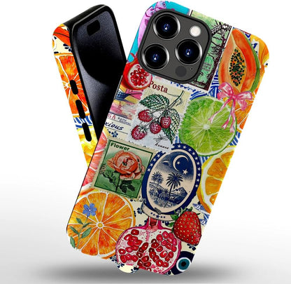 Case Compatible with iPhone 15 Pro Max,Hybrid 2-Layer Hard Shell,Shockproof Soft for Girl Women,European Lemon Stamp Collage