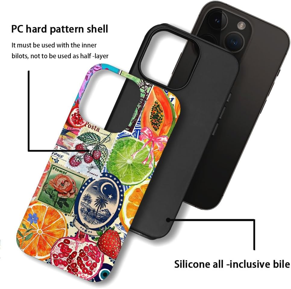 Case Compatible with iPhone 15 Pro Max,Hybrid 2-Layer Hard Shell,Shockproof Soft for Girl Women,European Lemon Stamp Collage