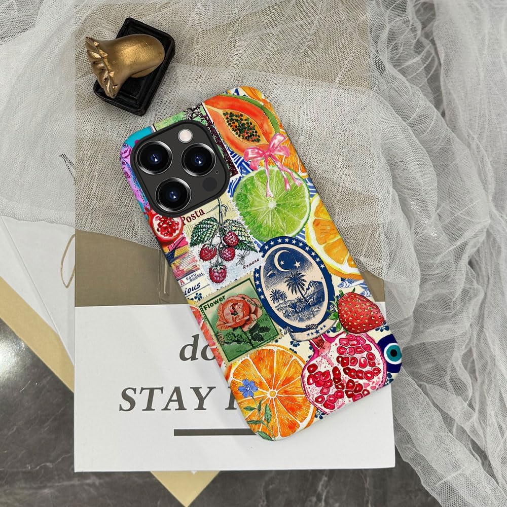 Case Compatible with iPhone 15 Pro Max,Hybrid 2-Layer Hard Shell,Shockproof Soft for Girl Women,European Lemon Stamp Collage