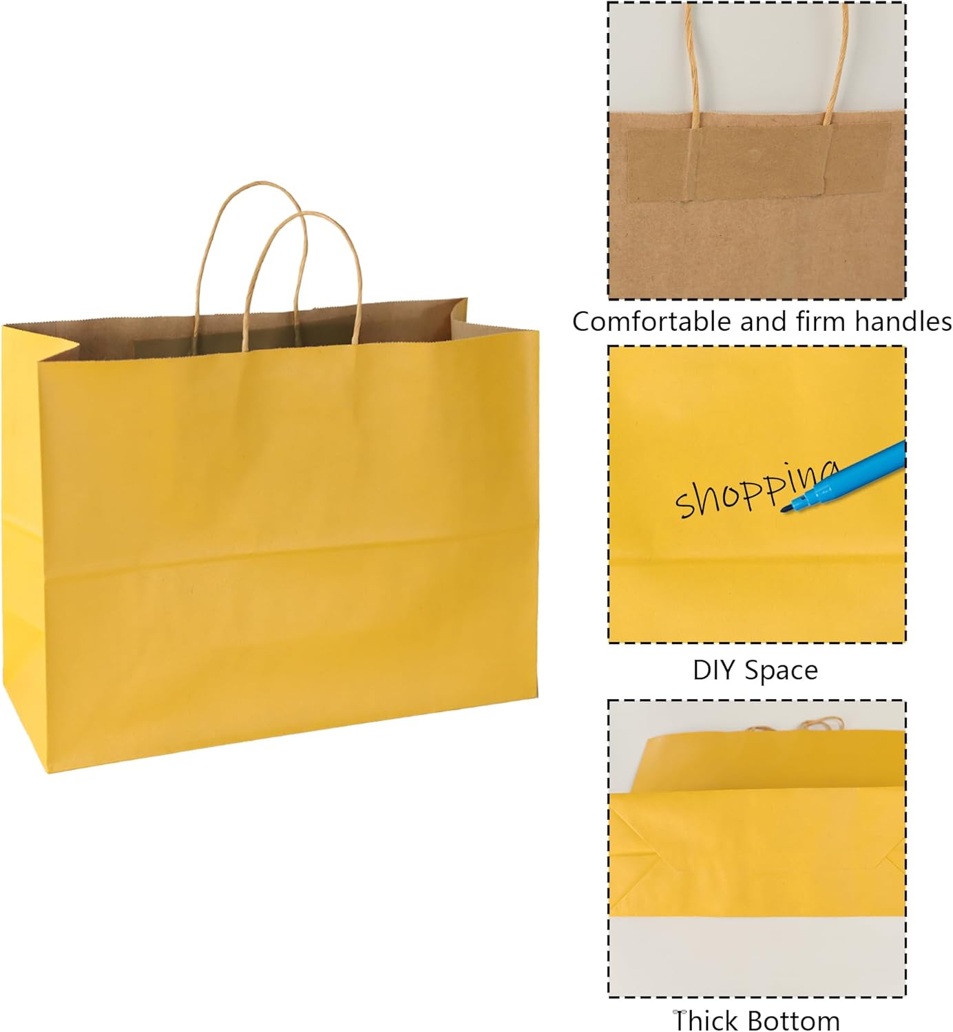 BLEWINDZ 50Pcs Kraft Paper Bags - Large Size 16x6x12 Inches Gift Bags with Handles Bulk – Yellow Goodie Bag Shopping Bag for Grocery Merchandise