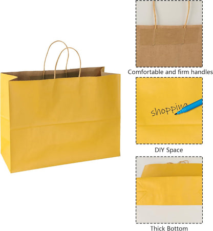 BLEWINDZ 50Pcs Kraft Paper Bags - Large Size 16x6x12 Inches Gift Bags with Handles Bulk – Yellow Goodie Bag Shopping Bag for Grocery Merchandise