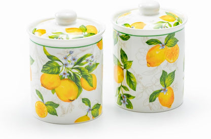 Grace Teaware Lemon Garden Fine Porcelain Spices Jars with Silicone Gasket Set of 2 with Gift Box, Regular
