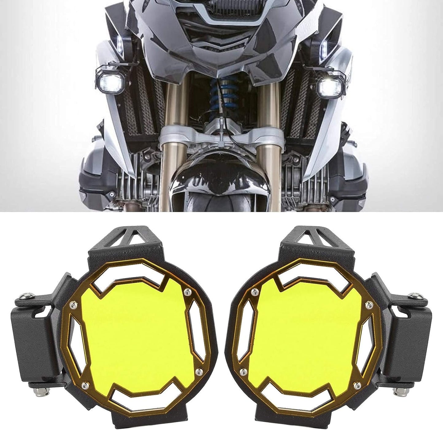Fog Light Cover, Aluminum Motocycle Fog Light Guard Protective Cover LED Lamp Protector Fit for R1200GS/R1250GS LC(Yellow)