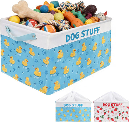 Dog Toy Basket, Collapsible Dog Toy Bin Box with Drawstring Cinch Top &Handles, Pet Food Storage Organizer for Dog Toys, Apparel, Blankets and Leashes, Blue, Yellow Duck, M, 15.3"x11"x9.5"