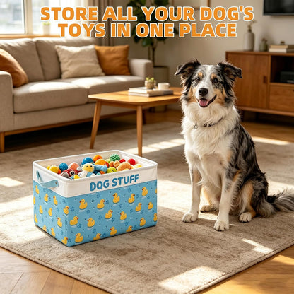 Dog Toy Basket, Collapsible Dog Toy Bin Box with Drawstring Cinch Top &Handles, Pet Food Storage Organizer for Dog Toys, Apparel, Blankets and Leashes, Blue, Yellow Duck, M, 15.3"x11"x9.5"