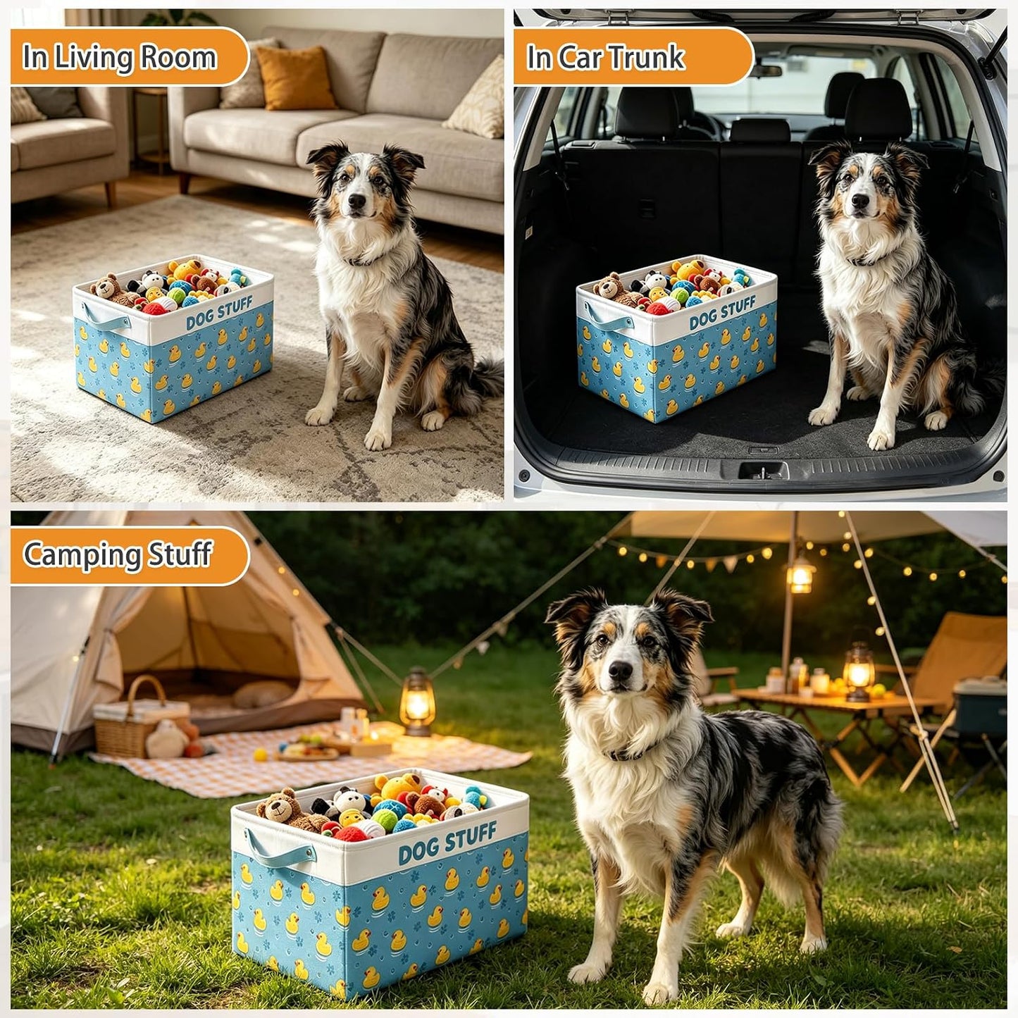 Dog Toy Basket, Collapsible Dog Toy Bin Box with Drawstring Cinch Top &Handles, Pet Food Storage Organizer for Dog Toys, Apparel, Blankets and Leashes, Blue, Yellow Duck, M, 15.3"x11"x9.5"