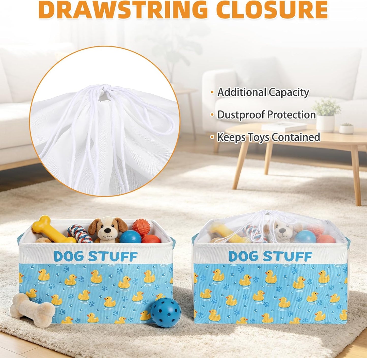 Dog Toy Basket, Collapsible Dog Toy Bin Box with Drawstring Cinch Top &Handles, Pet Food Storage Organizer for Dog Toys, Apparel, Blankets and Leashes, Blue, Yellow Duck, M, 15.3"x11"x9.5"