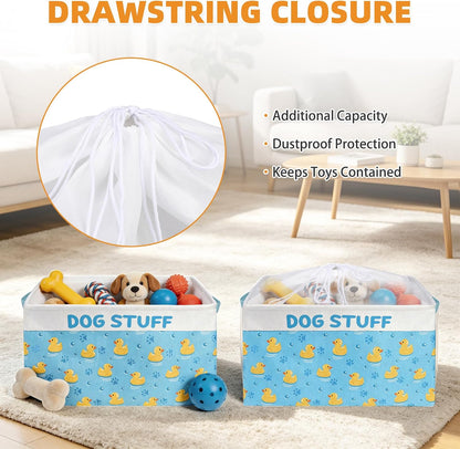 Dog Toy Basket, Collapsible Dog Toy Bin Box with Drawstring Cinch Top &Handles, Pet Food Storage Organizer for Dog Toys, Apparel, Blankets and Leashes, Blue, Yellow Duck, M, 15.3"x11"x9.5"