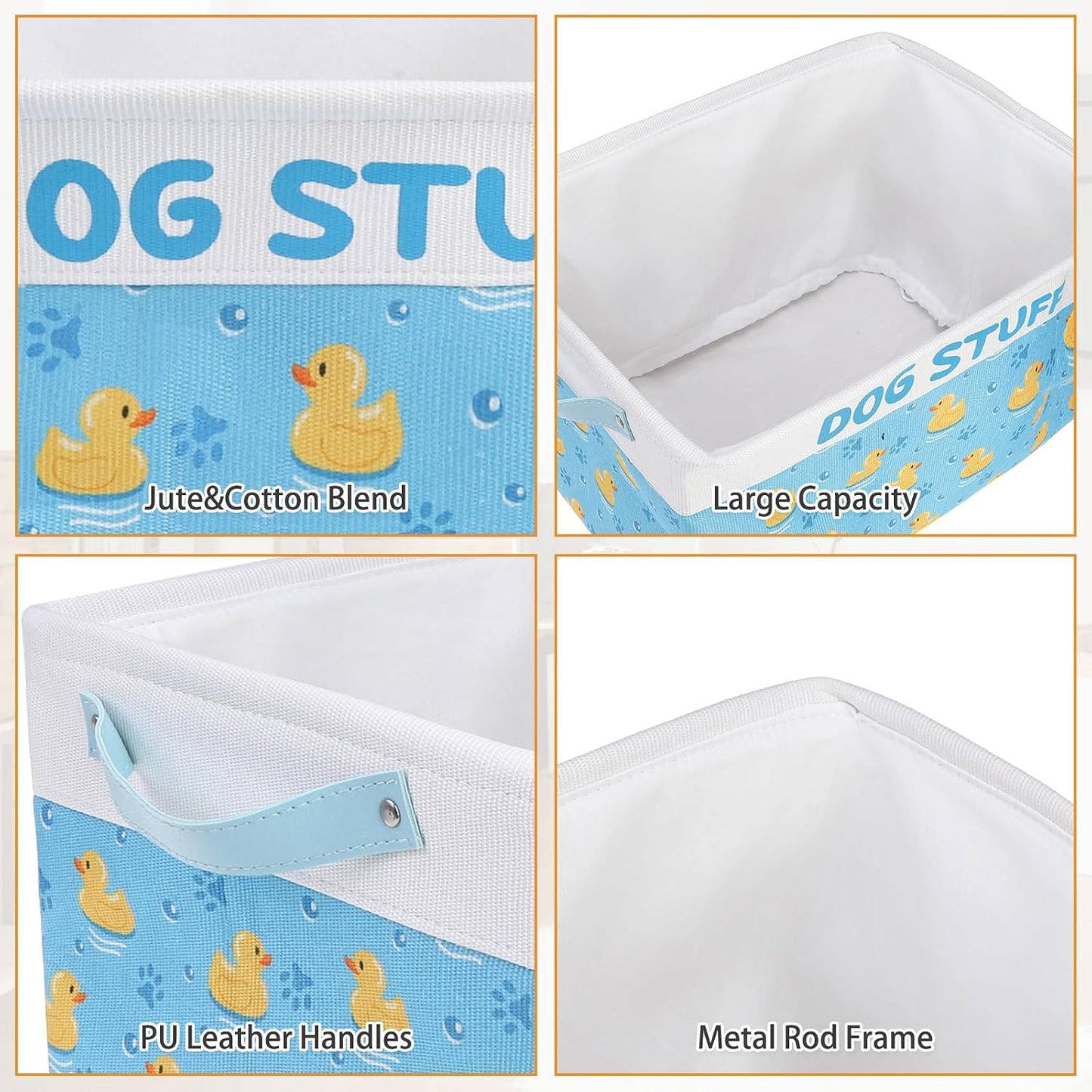 Dog Toy Basket, Collapsible Dog Toy Bin Box with Drawstring Cinch Top &Handles, Pet Food Storage Organizer for Dog Toys, Apparel, Blankets and Leashes, Blue, Yellow Duck, M, 15.3"x11"x9.5"