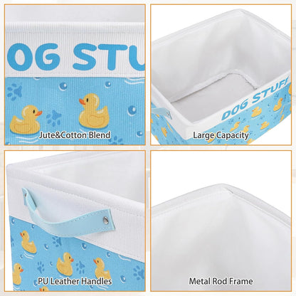 Dog Toy Basket, Collapsible Dog Toy Bin Box with Drawstring Cinch Top &Handles, Pet Food Storage Organizer for Dog Toys, Apparel, Blankets and Leashes, Blue, Yellow Duck, M, 15.3"x11"x9.5"