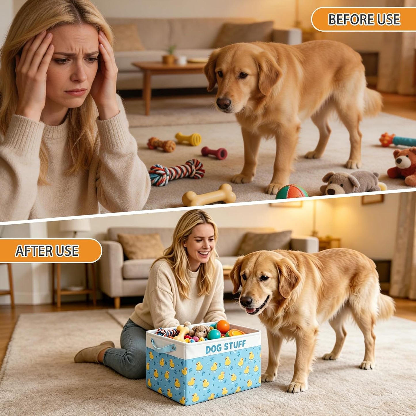 Dog Toy Basket, Collapsible Dog Toy Bin Box with Drawstring Cinch Top &Handles, Pet Food Storage Organizer for Dog Toys, Apparel, Blankets and Leashes, Blue, Yellow Duck, M, 15.3"x11"x9.5"