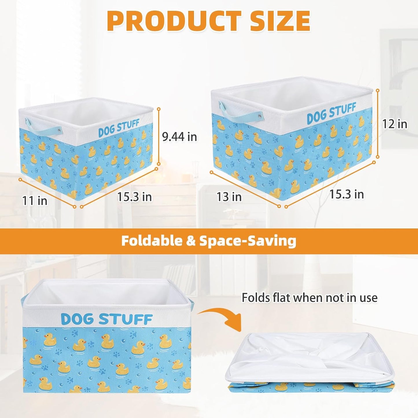 Dog Toy Basket, Collapsible Dog Toy Bin Box with Drawstring Cinch Top &Handles, Pet Food Storage Organizer for Dog Toys, Apparel, Blankets and Leashes, Blue, Yellow Duck, M, 15.3"x11"x9.5"