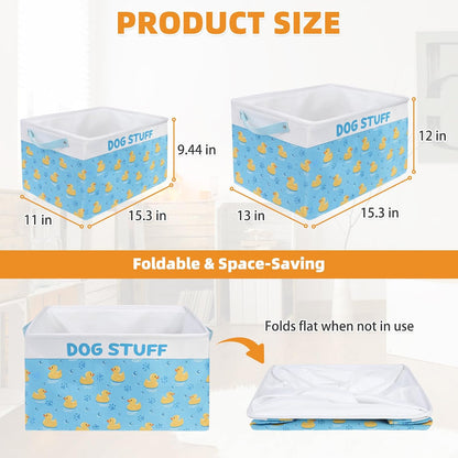 Dog Toy Basket, Collapsible Dog Toy Bin Box with Drawstring Cinch Top &Handles, Pet Food Storage Organizer for Dog Toys, Apparel, Blankets and Leashes, Blue, Yellow Duck, M, 15.3"x11"x9.5"