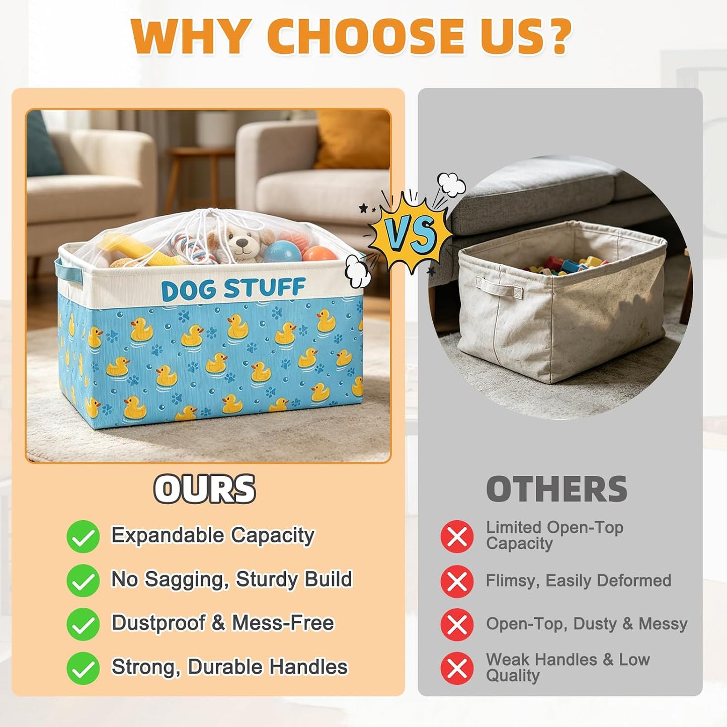 Dog Toy Basket, Collapsible Dog Toy Bin Box with Drawstring Cinch Top &Handles, Pet Food Storage Organizer for Dog Toys, Apparel, Blankets and Leashes, Blue, Yellow Duck, M, 15.3"x11"x9.5"