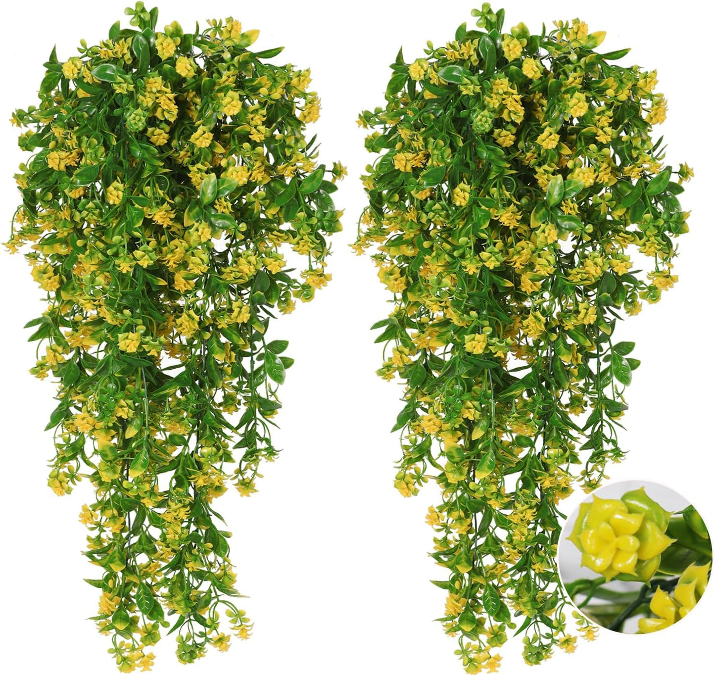 Artificial Fake Hanging Flowers Plants for Outdoors Decor 2Pcs | Faux Fall Flowers with Eucalyptus Leaves UV Resistant Plastic Greenery Vines for Planters Porch Patio Garden Decor（Yellow）