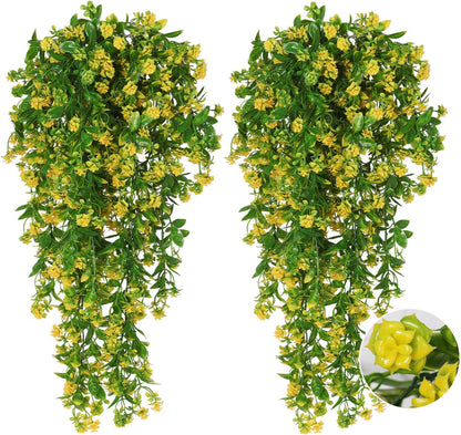 Artificial Fake Hanging Flowers Plants for Outdoors Decor 2Pcs | Faux Fall Flowers with Eucalyptus Leaves UV Resistant Plastic Greenery Vines for Planters Porch Patio Garden Decor（Yellow）